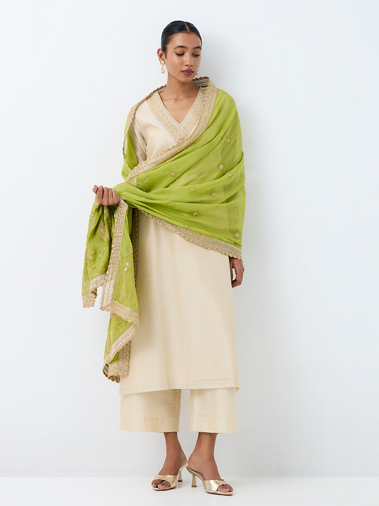 Vark Light Gold Zari-Embroidered Cotton-Blend A-Line Ethnic Set