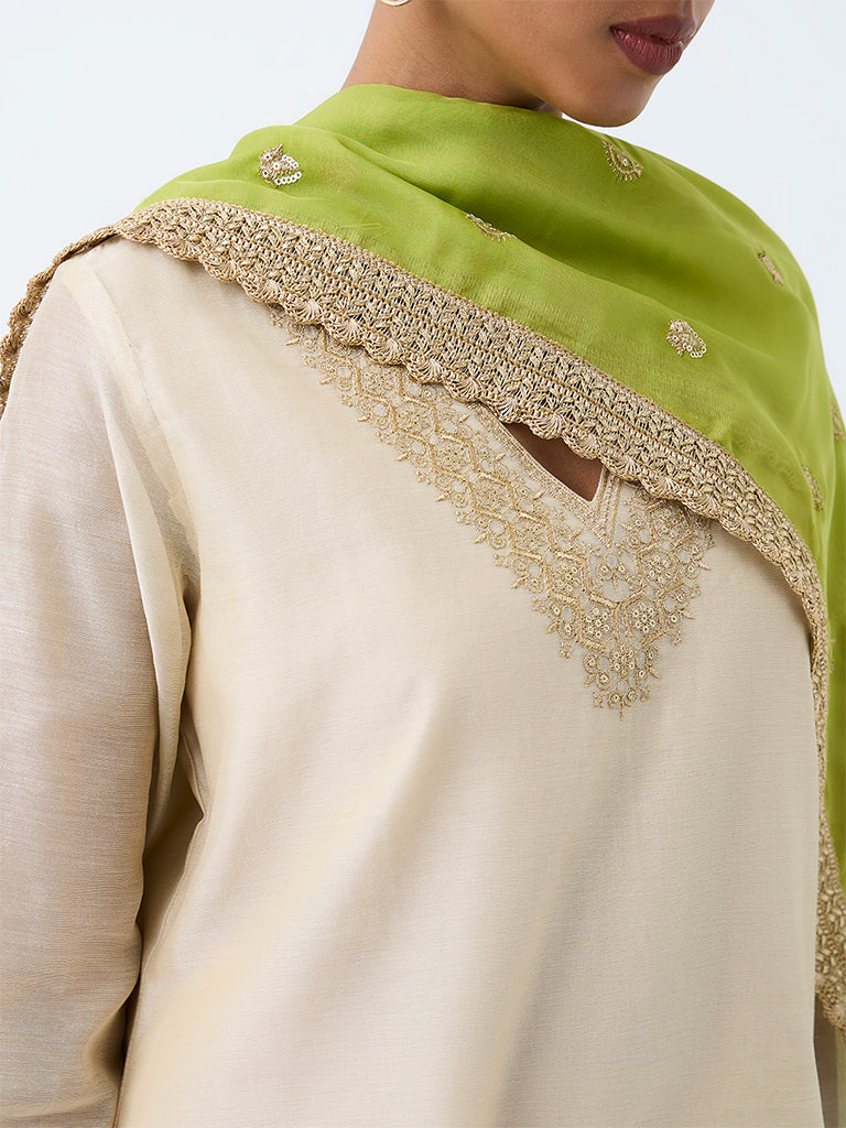 Vark Light Gold Zari-Embroidered Cotton-Blend A-Line Ethnic Set