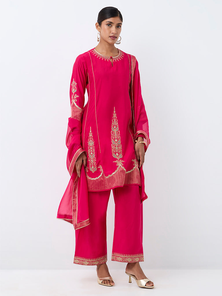 Vark Fuchsia Botanical Embroidered A-Line Ethnic Set