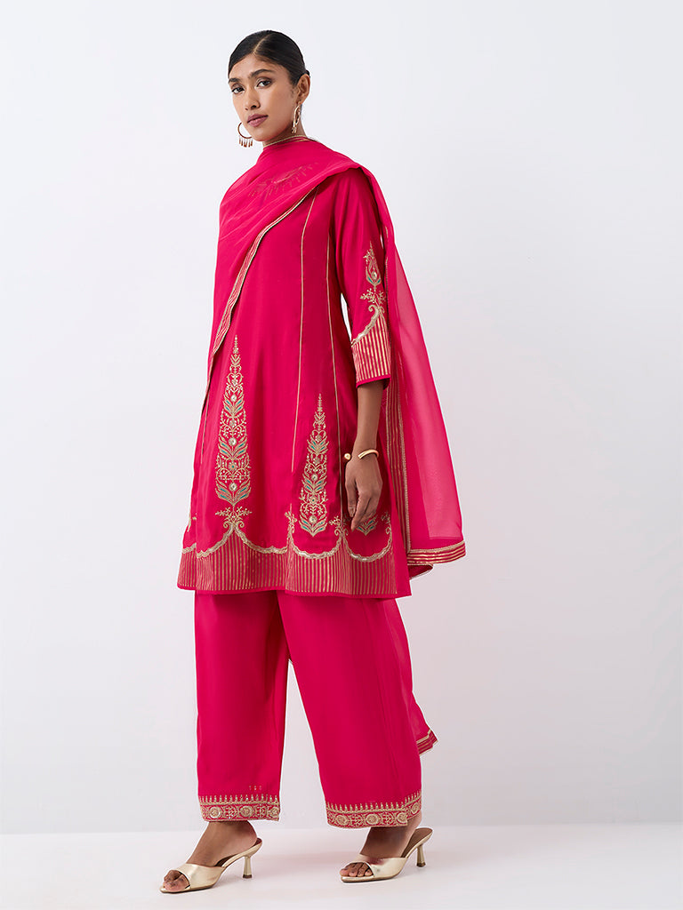 Vark Fuchsia Botanical Embroidered A-Line Ethnic Set