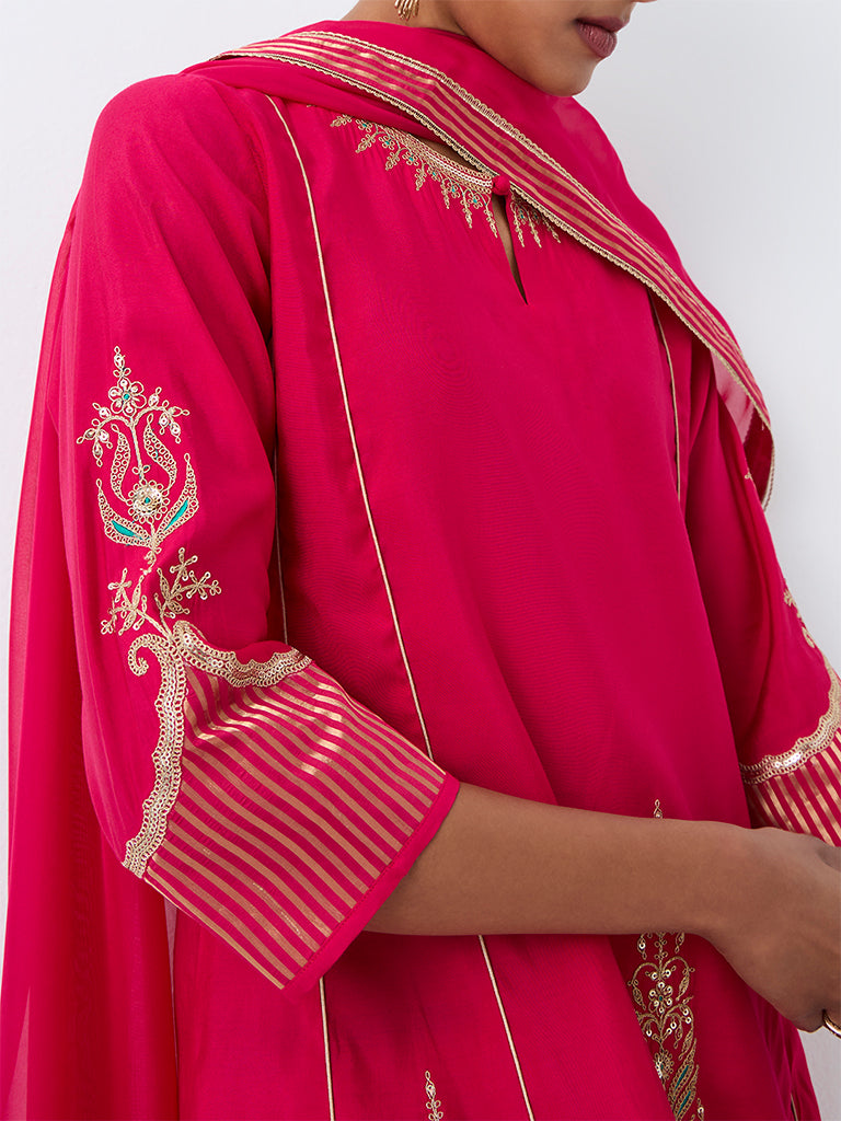Vark Fuchsia Botanical Embroidered A-Line Ethnic Set
