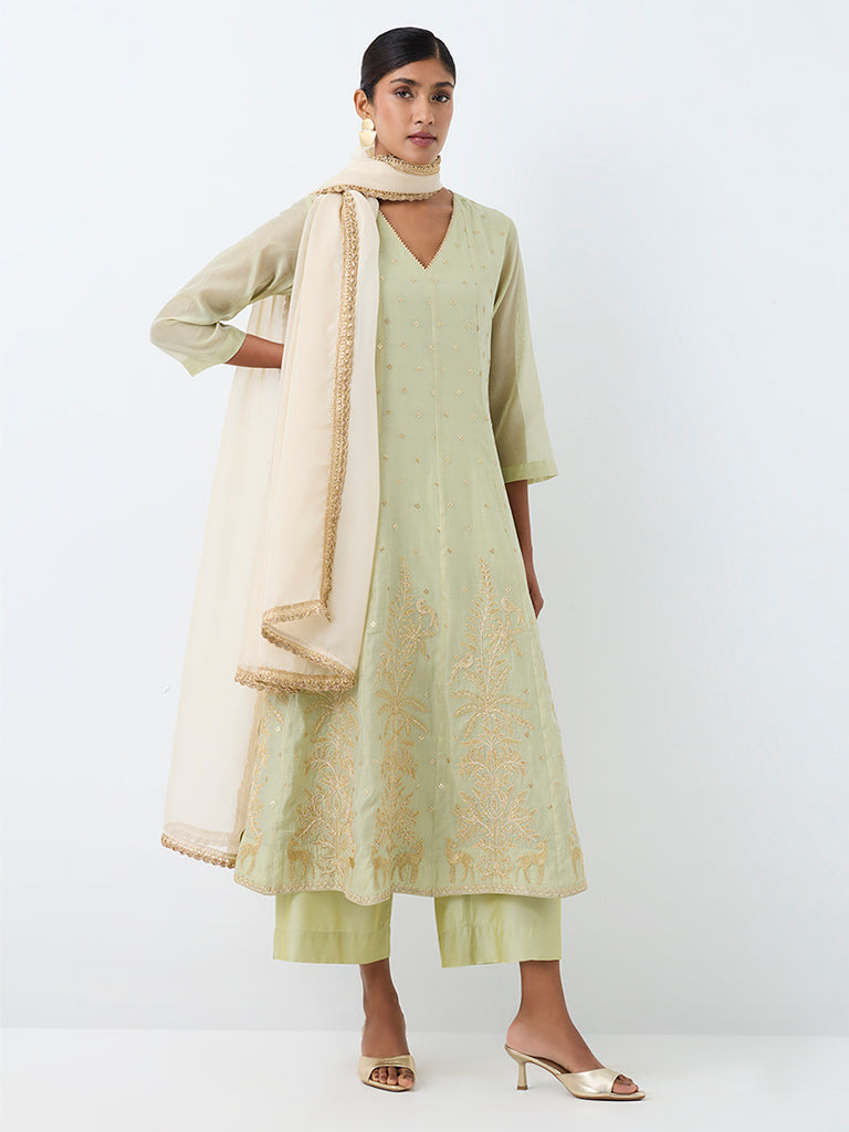 Vark Mint Foliage Embroidered Cotton-Blend A-Line Ethnic Set