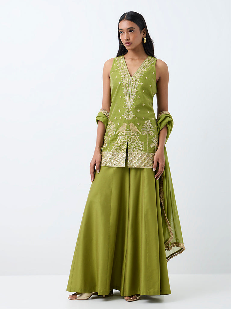 Vark Green Floral Embroidered Cotton-Blend Tunic Ethnic Set