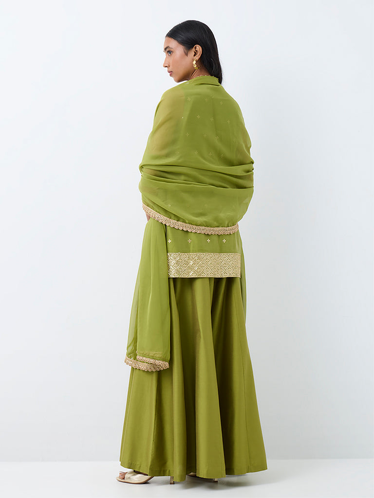 Vark Green Floral Embroidered Cotton-Blend Tunic Ethnic Set