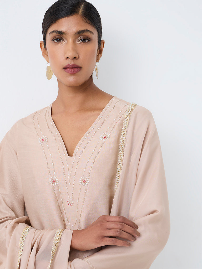 Vark Beige Embellished A-Line Ethnic Set