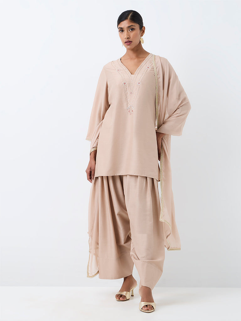 Vark Beige Embellished A-Line Ethnic Set