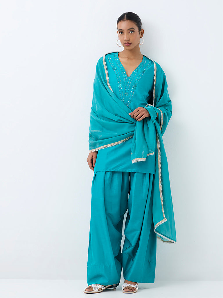 Vark Turquoise Embellished A-Line Ethnic Set