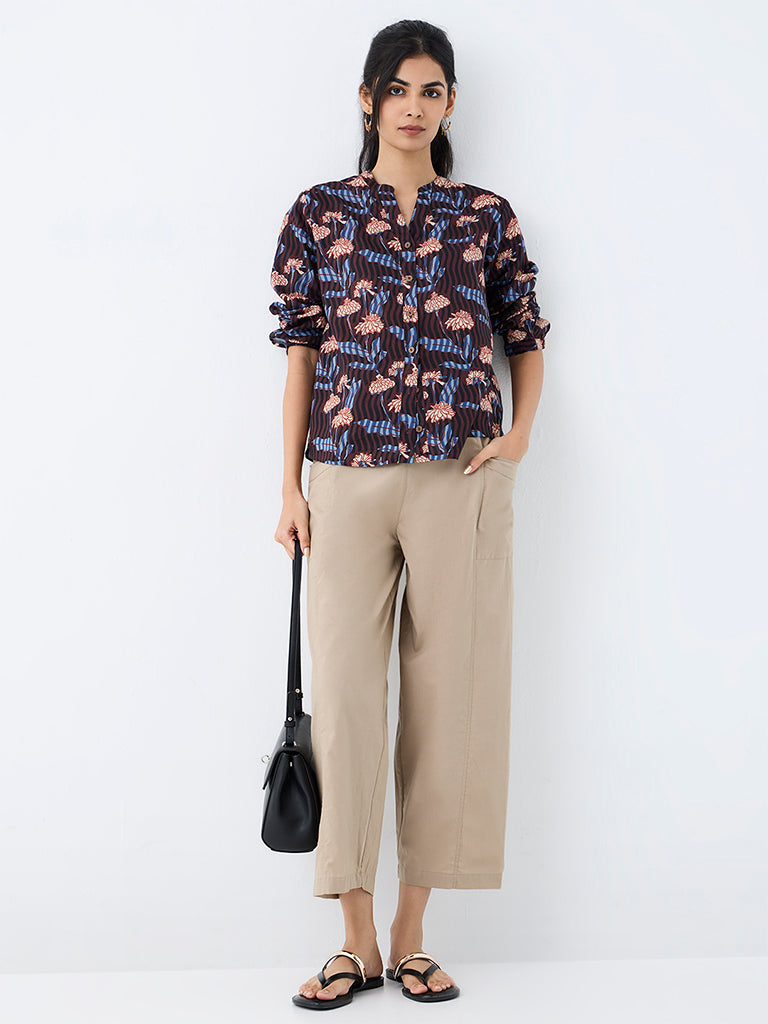 Utsa Light Beige Solid Cotton Pants
