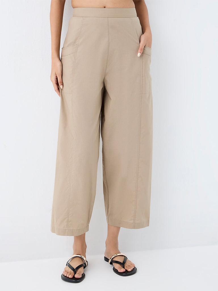 Utsa Light Beige Solid Cotton Pants