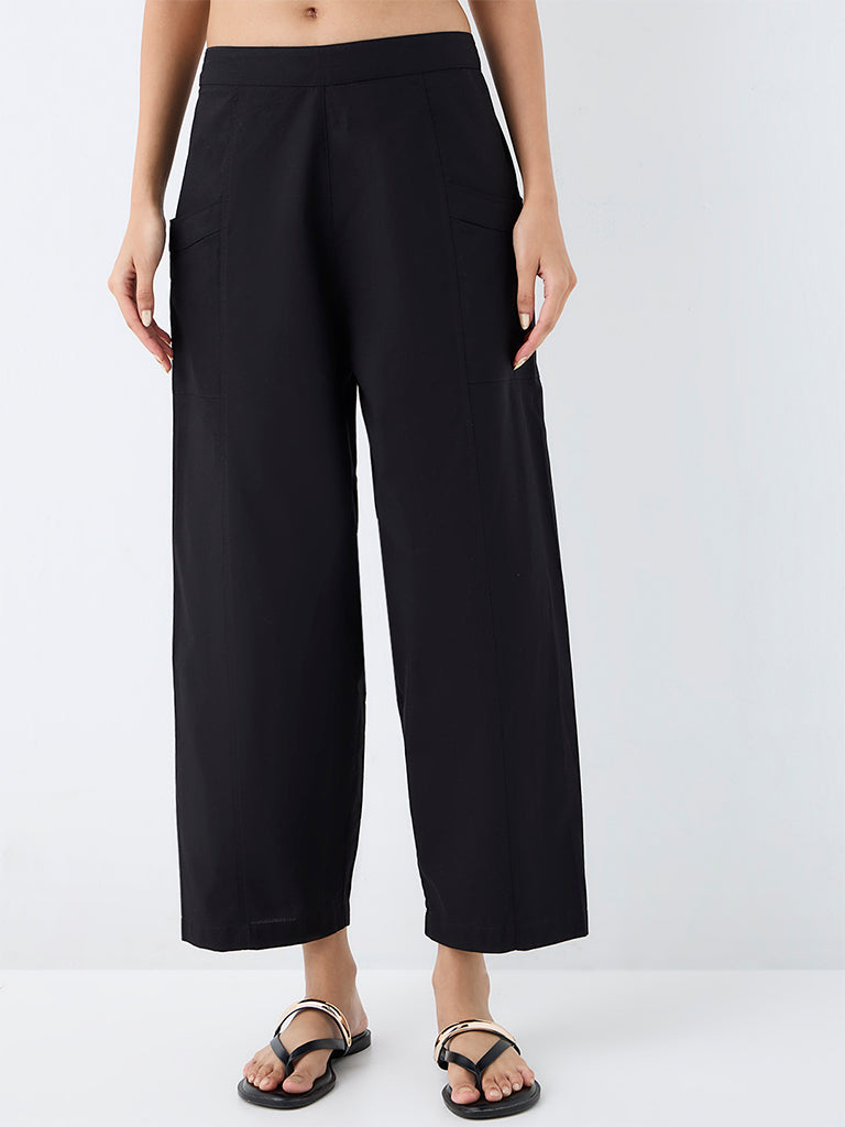 Utsa Black Solid Cotton Pants