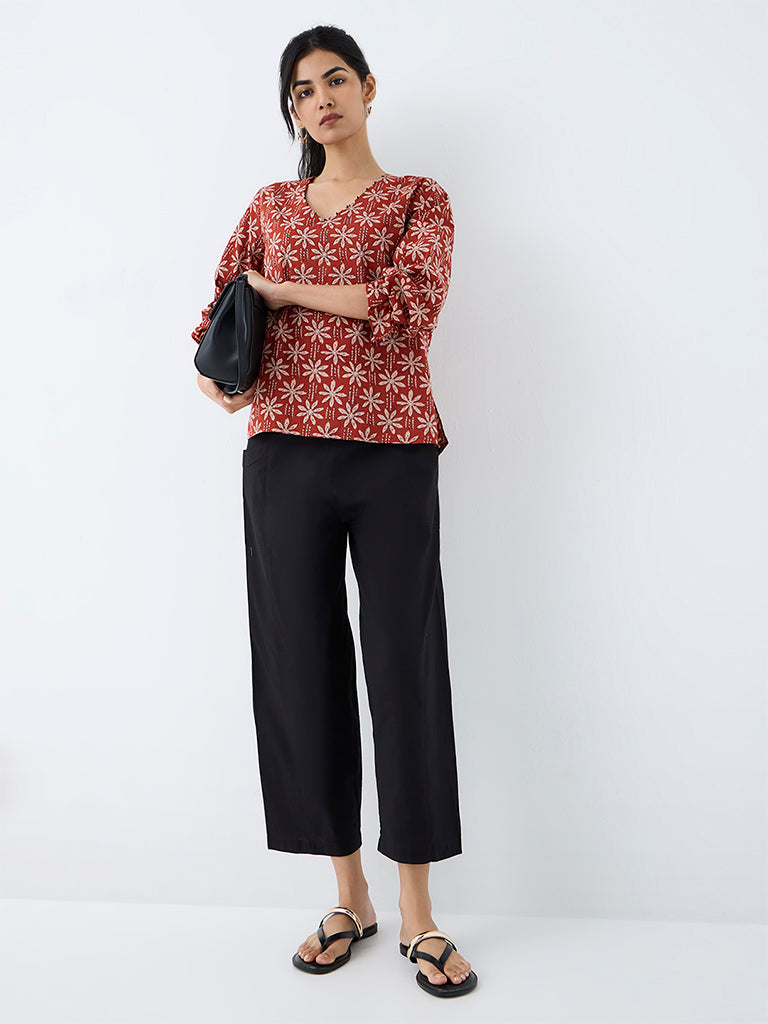 Utsa Black Solid Cotton Pants