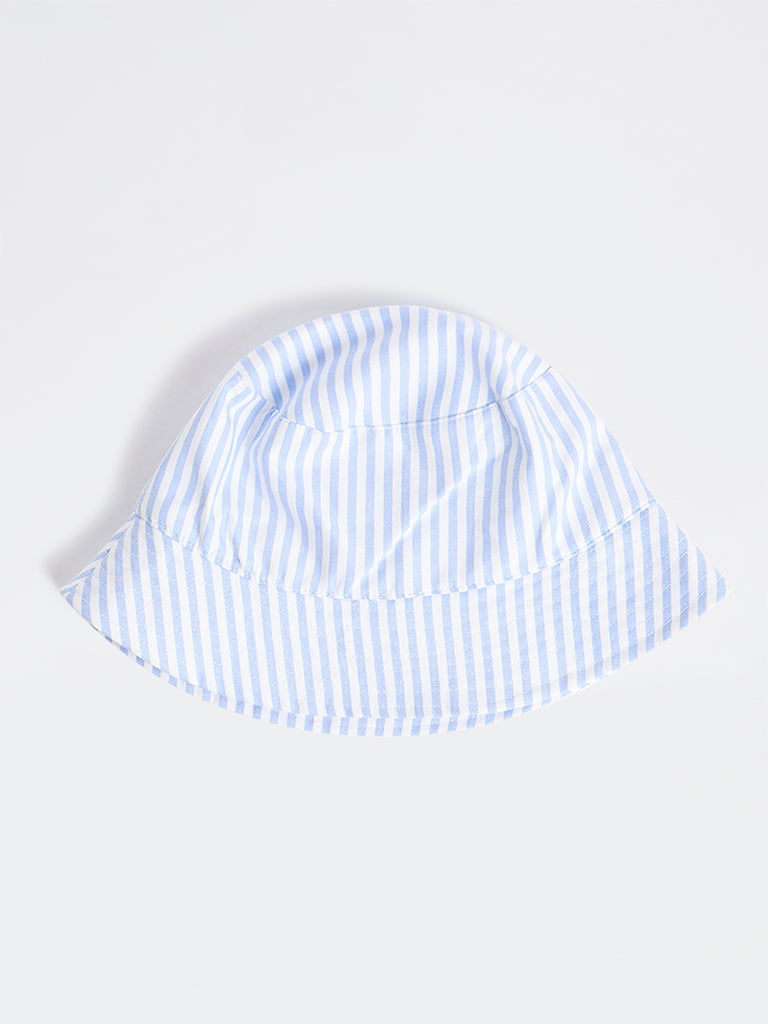 Wunderlove Light Blue Striped Bucket Cotton-Blend Hat