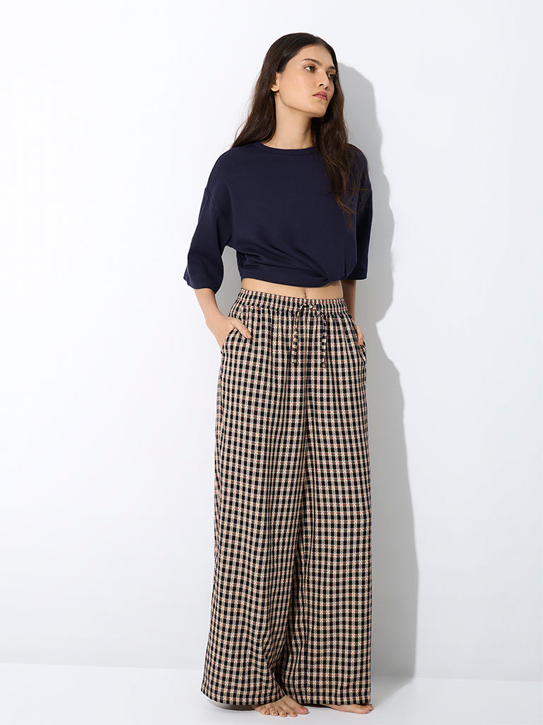 Wunderlove Navy Checkered High-Rise Cotton Pants