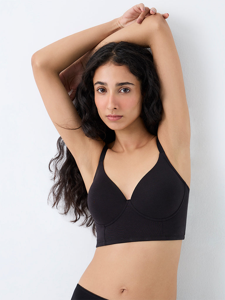 Superstar Black Solid Padded Cotton-Blend Bralette