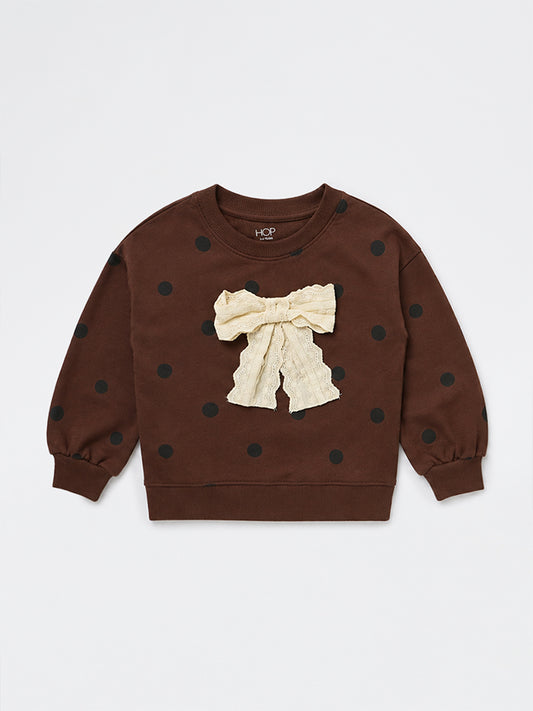 HOP Kids Girls Brown Bow-Detailed Polka Dot Cotton Sweatshirt