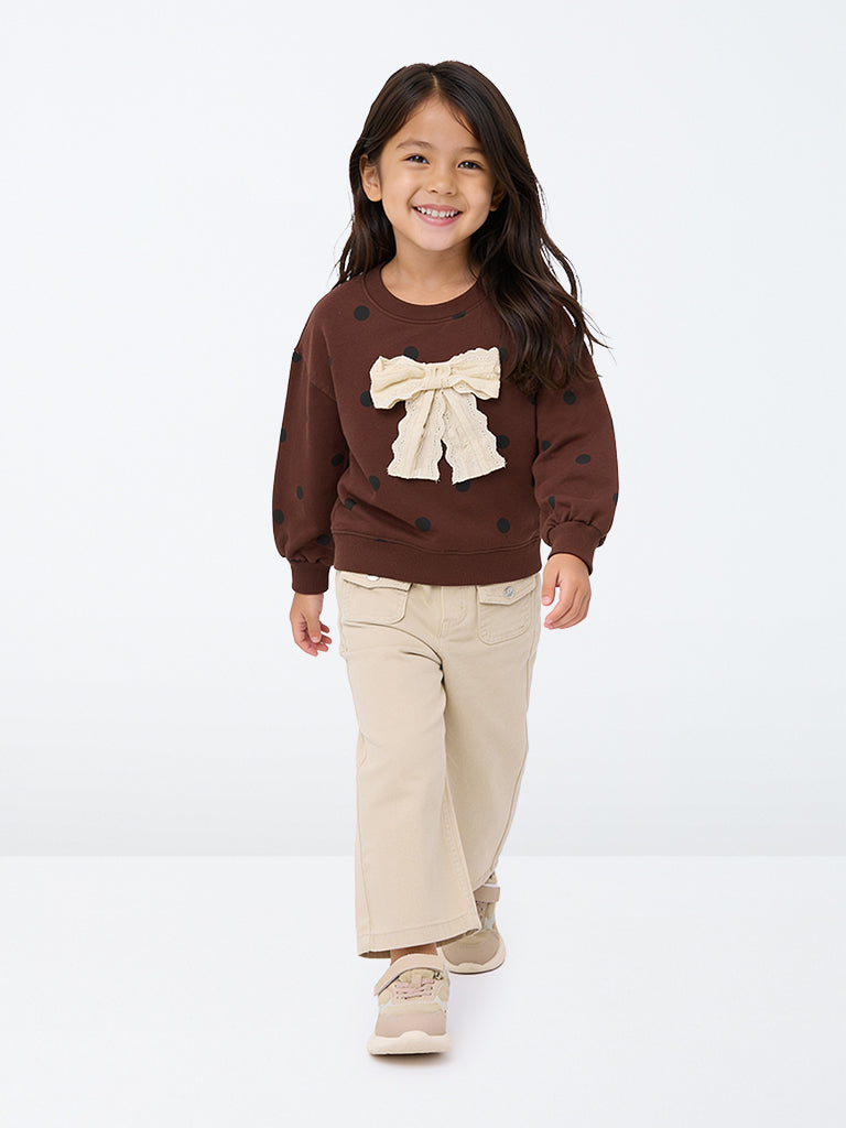HOP Kids Girls Brown Bow-Detailed Polka Dot Cotton Sweatshirt