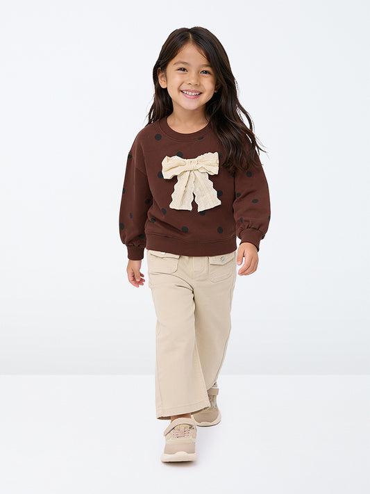 HOP Kids Girls Brown Bow-Detailed Polka Dot Cotton Sweatshirt