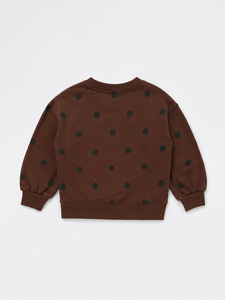 HOP Kids Girls Brown Bow-Detailed Polka Dot Cotton Sweatshirt