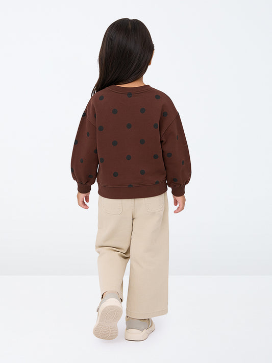 HOP Kids Girls Brown Bow-Detailed Polka Dot Cotton Sweatshirt