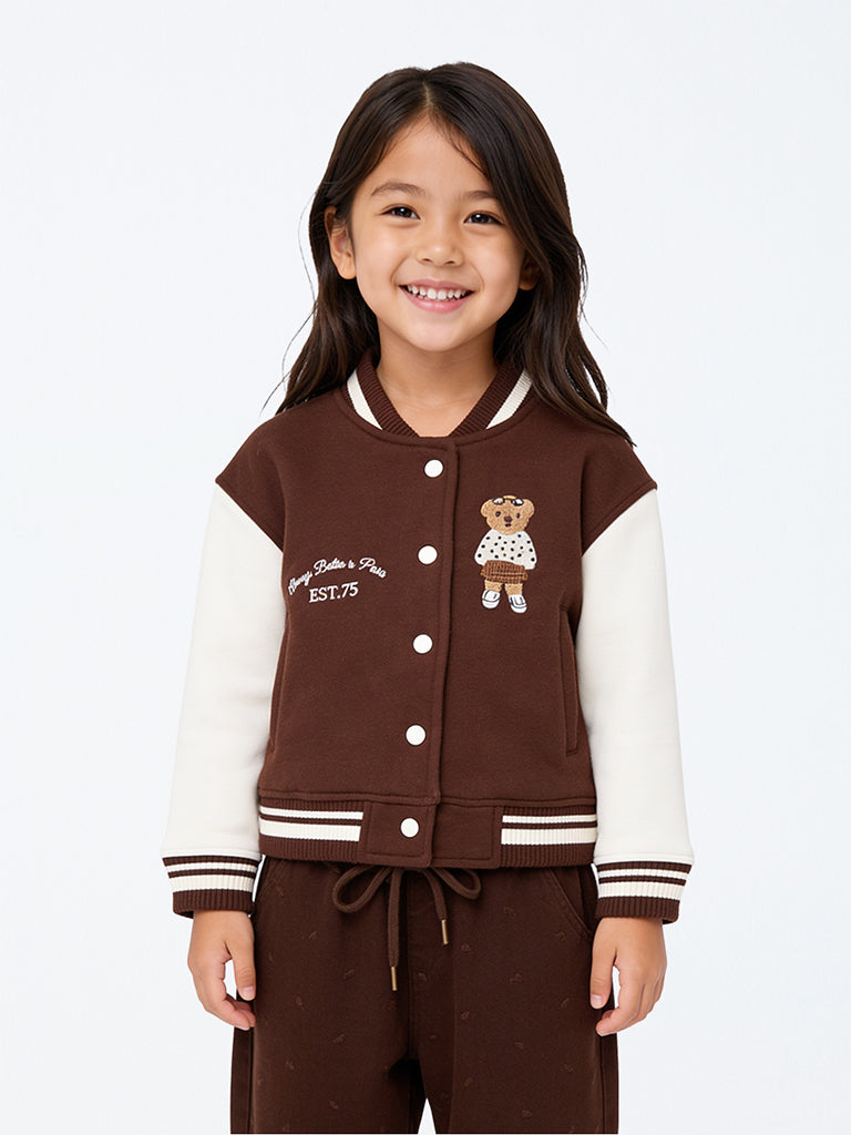 HOP Kids Girls Dark Brown Bear Embroidered Cotton-Blend Varsity Jacket