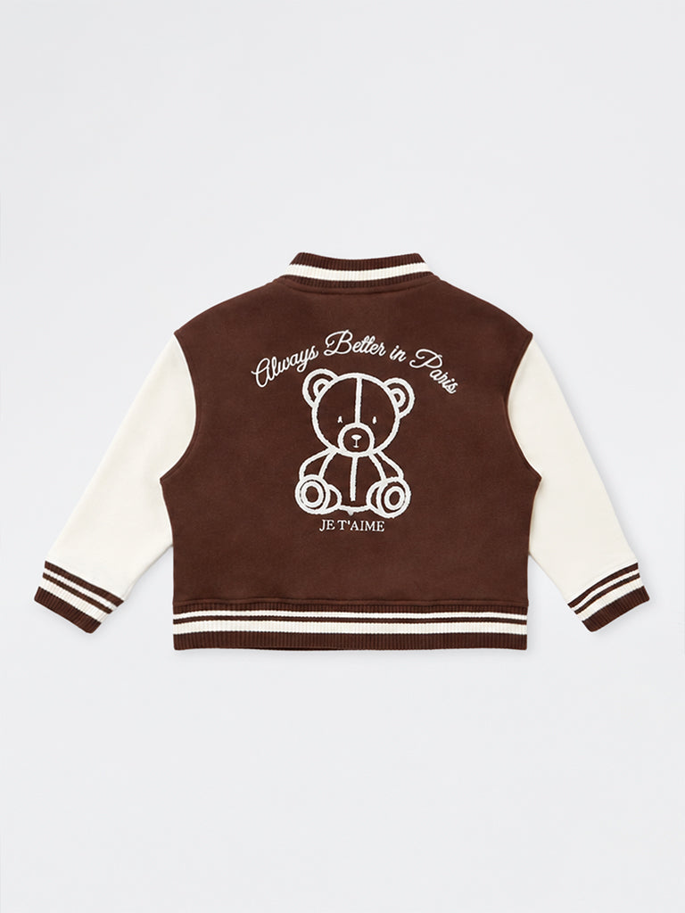 HOP Kids Girls Dark Brown Bear Embroidered Cotton-Blend Varsity Jacket