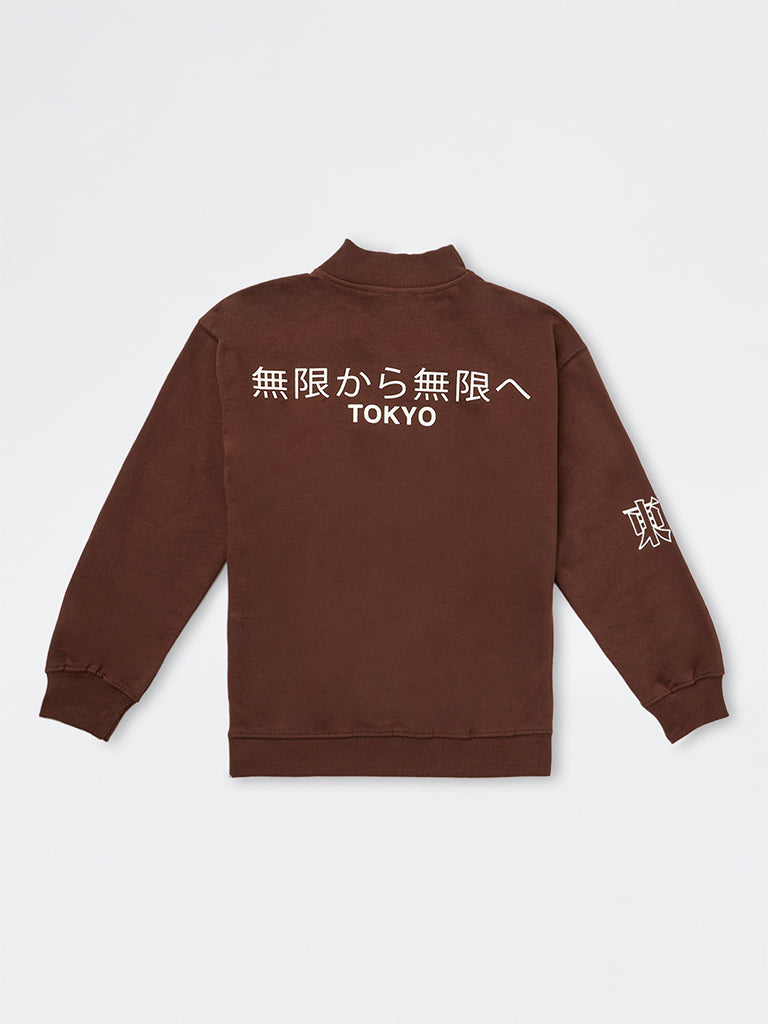 Boys Dark Brown Text Printed Cotton Sweatshirt