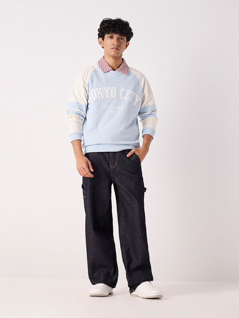 Boys Light Blue Colour-Blocked Cotton-Blend Sweatshirt
