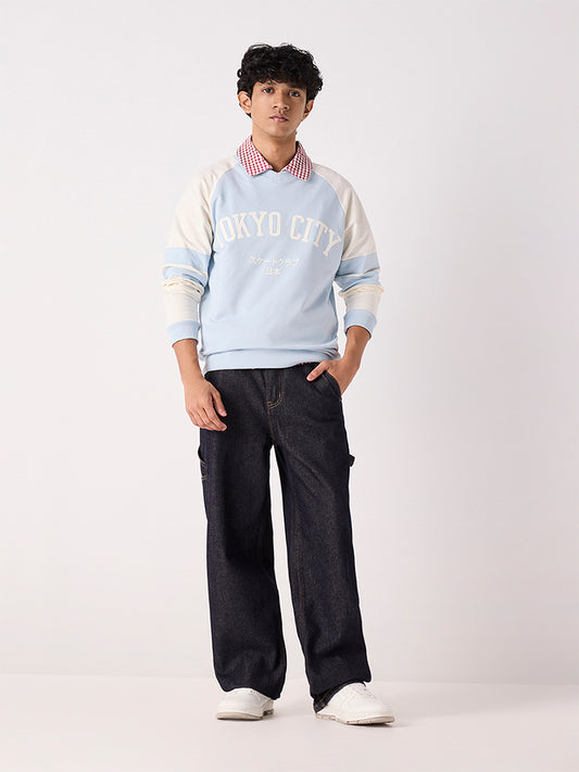Boys Light Blue Colour-Blocked Cotton-Blend Sweatshirt