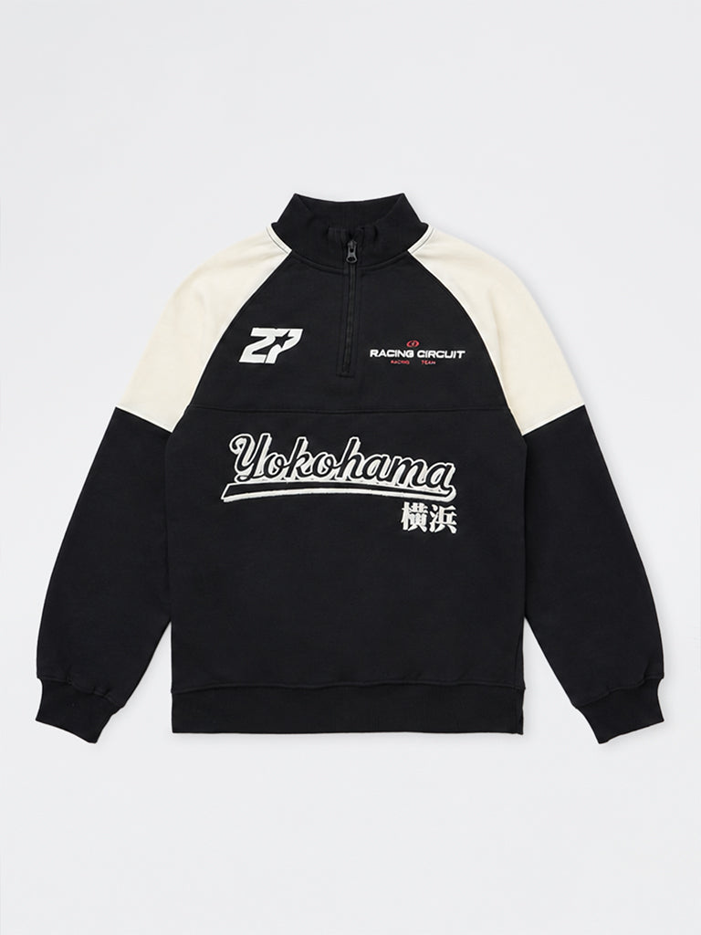 Boys Black Colour-Blocked Quarter-Zip Cotton Sweatshirt