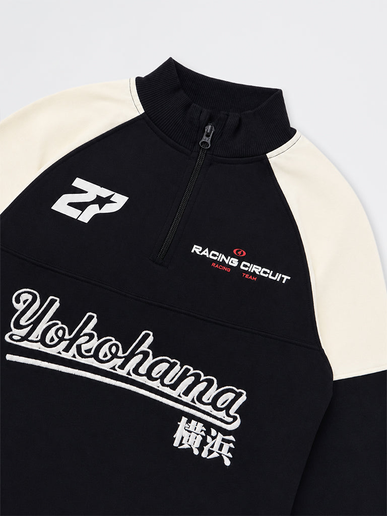 Boys Black Colour-Blocked Quarter-Zip Cotton Sweatshirt