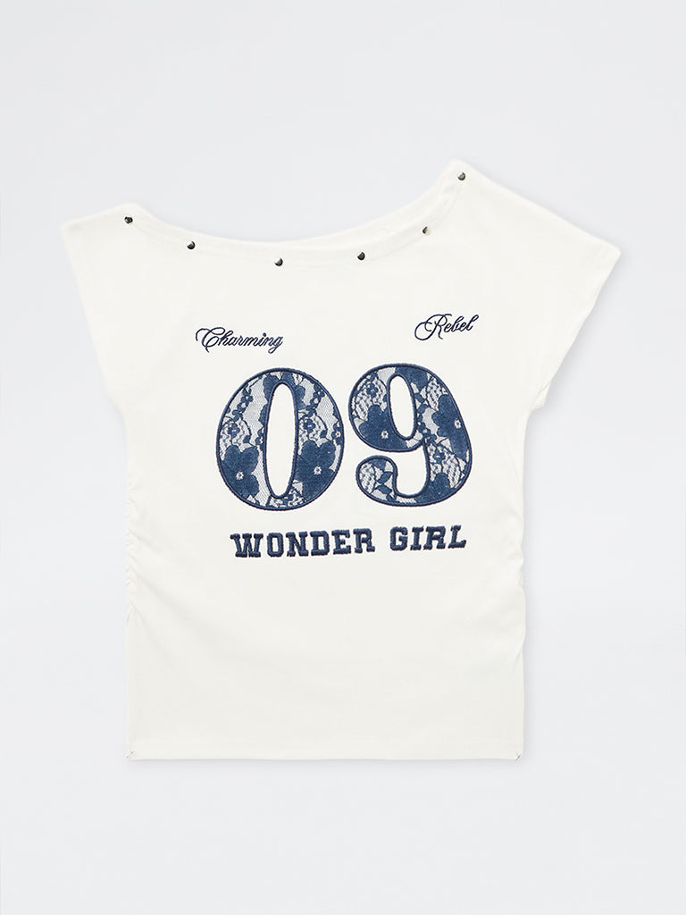 Girls White Embroidered One-Shoulder Cotton-Blend Top