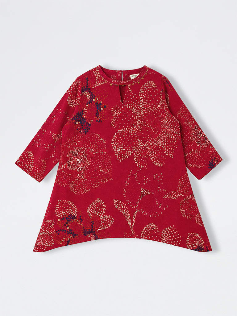 Diza Red Bandhani Printed Asymmetrical Kurta