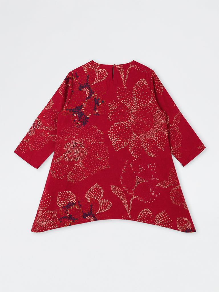 Diza Red Bandhani Printed Asymmetrical Kurta