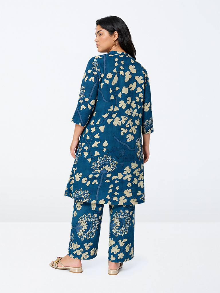 Diza Blue Foliage Pattern Cotton-Blend A-Line Kurta