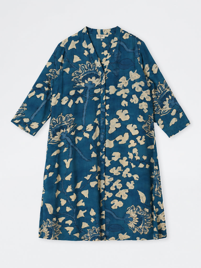 Diza Blue Foliage Pattern Cotton-Blend A-Line Kurta
