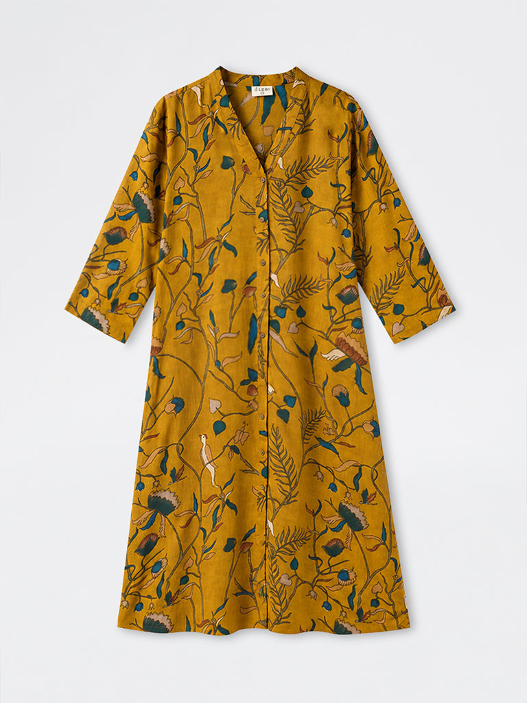 Diza Mustard Kalamkari Floral A-Line Kurta