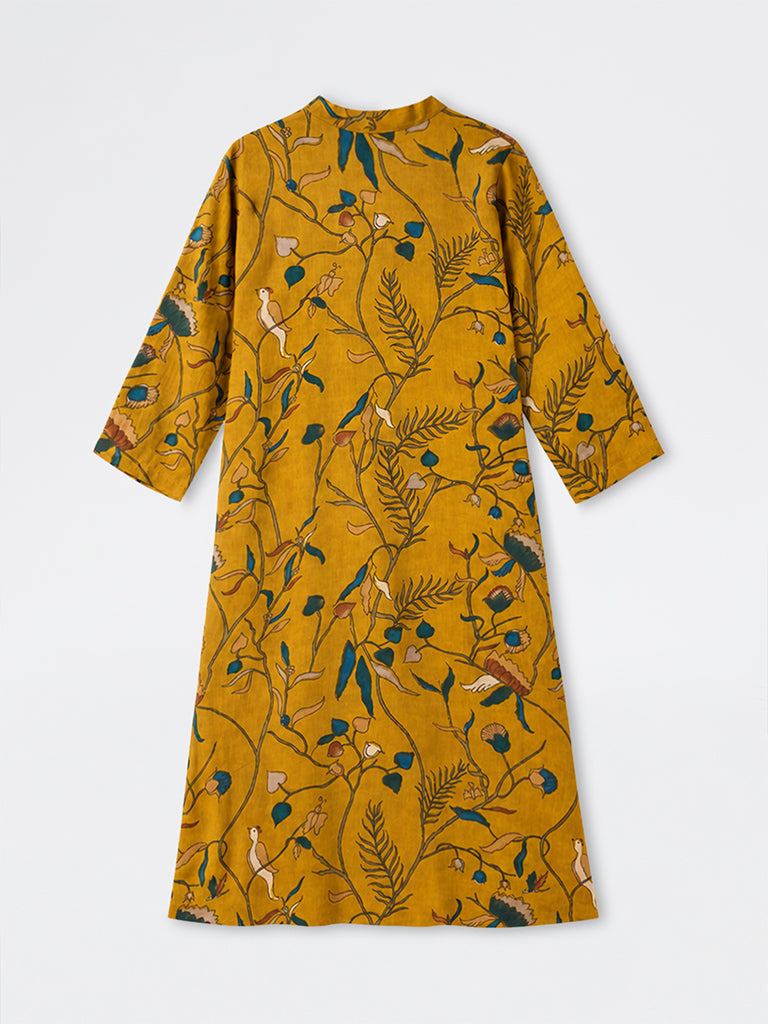 Diza Mustard Kalamkari Floral A-Line Kurta