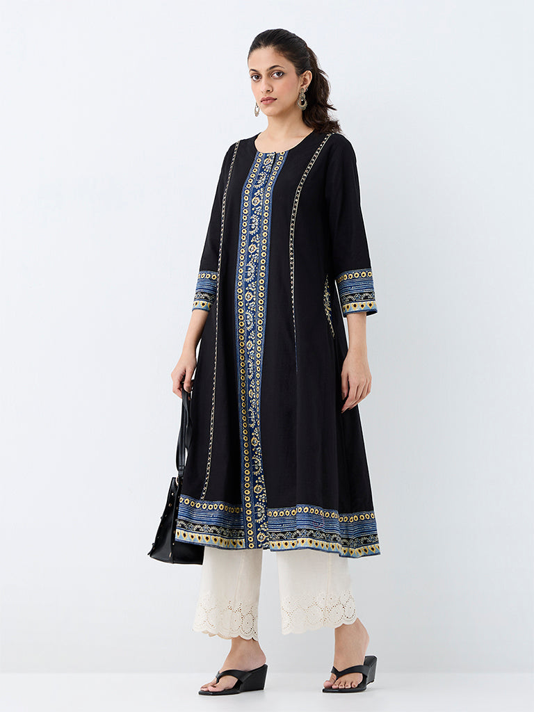 Utsa Black Printed Cotton A-Line Kurta
