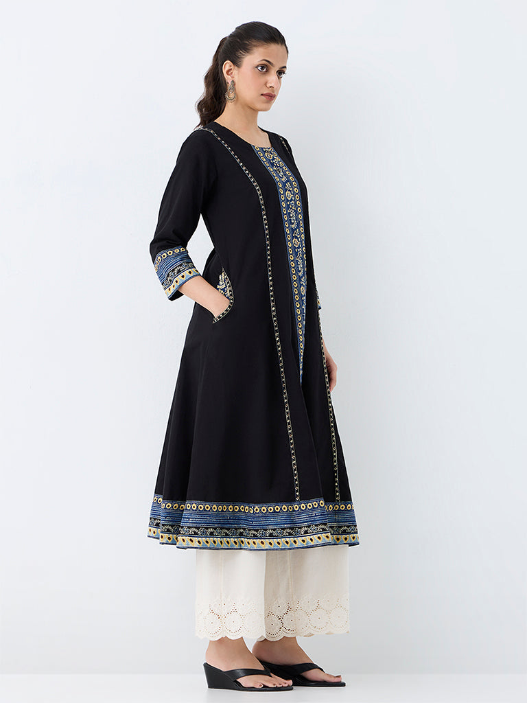 Utsa Black Printed Cotton A-Line Kurta