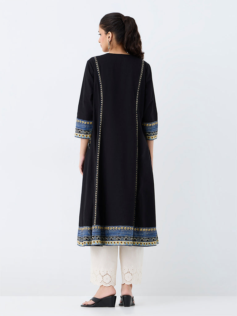 Utsa Black Printed Cotton A-Line Kurta
