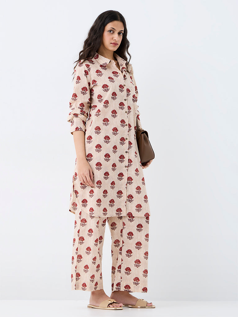 Utsa Beige Floral Pattern Cotton A-Line Kurta