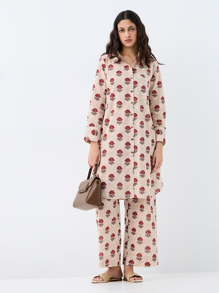 Utsa Beige Floral Pattern Cotton A-Line Kurta