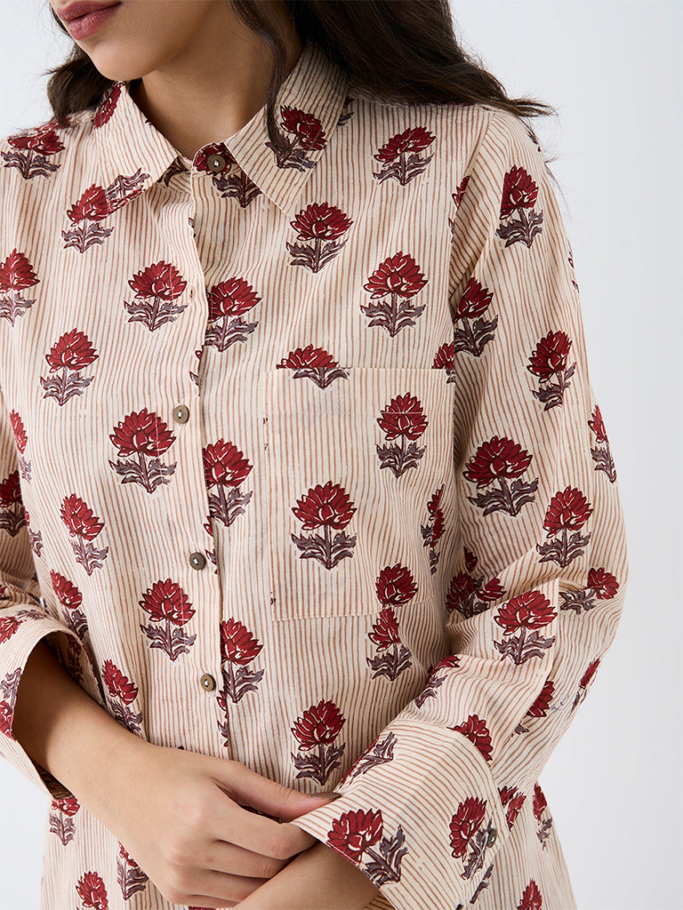 Utsa Beige Floral Pattern Cotton A-Line Kurta