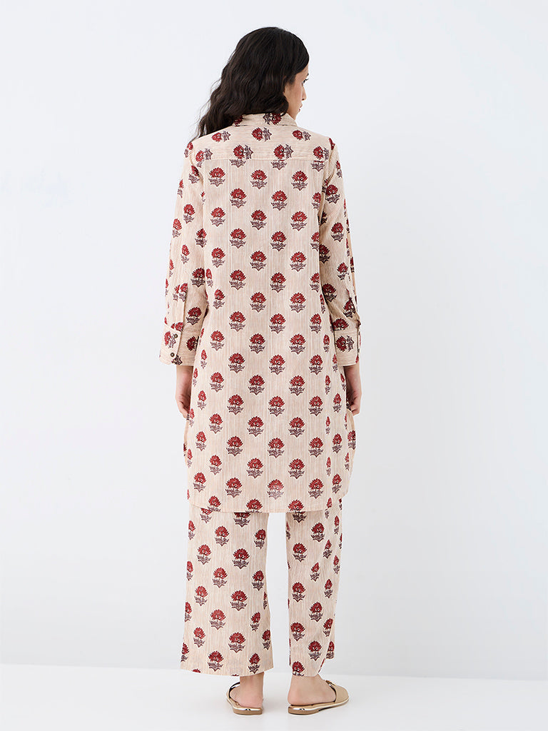 Utsa Beige Floral Pattern Cotton A-Line Kurta