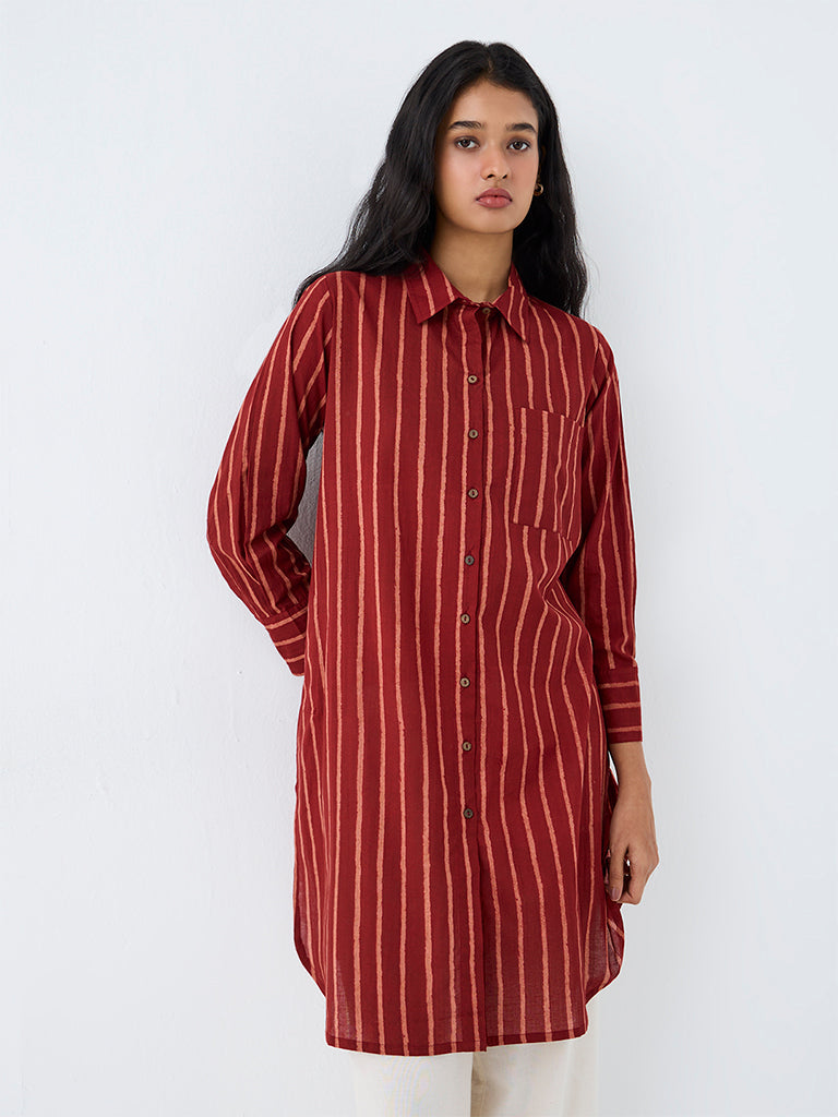 Utsa Red Striped Cotton Straight Kurta