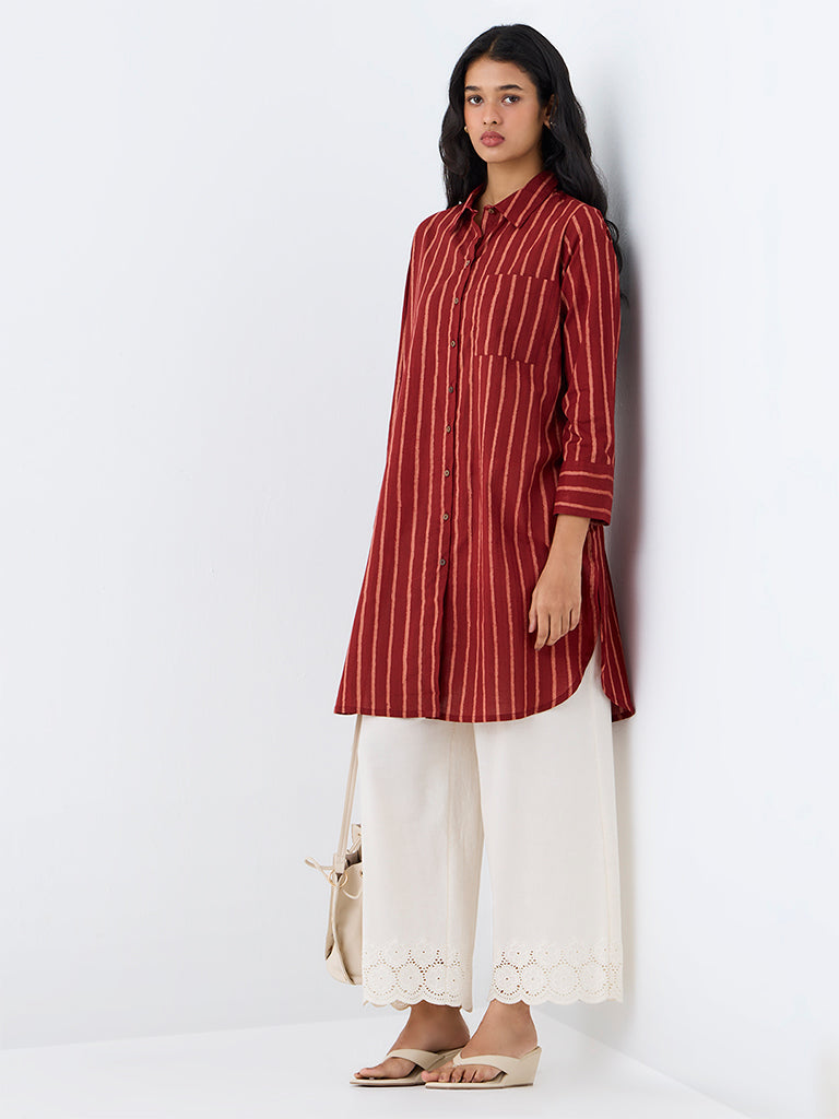 Utsa Red Striped Cotton Straight Kurta