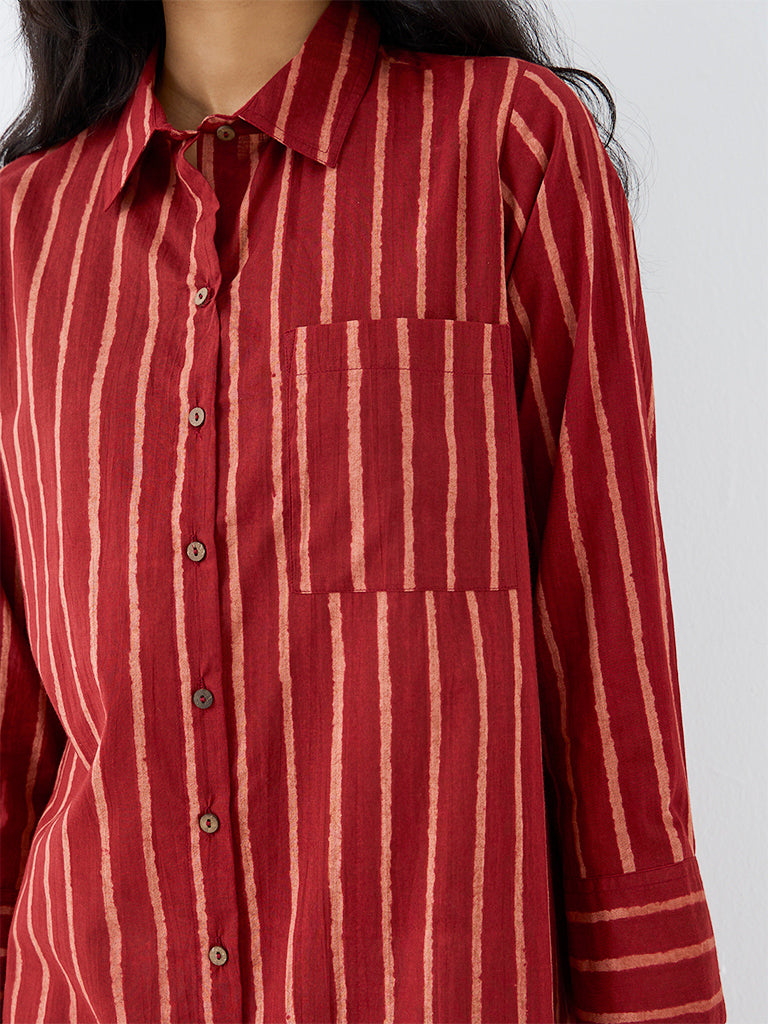 Utsa Red Striped Cotton Straight Kurta