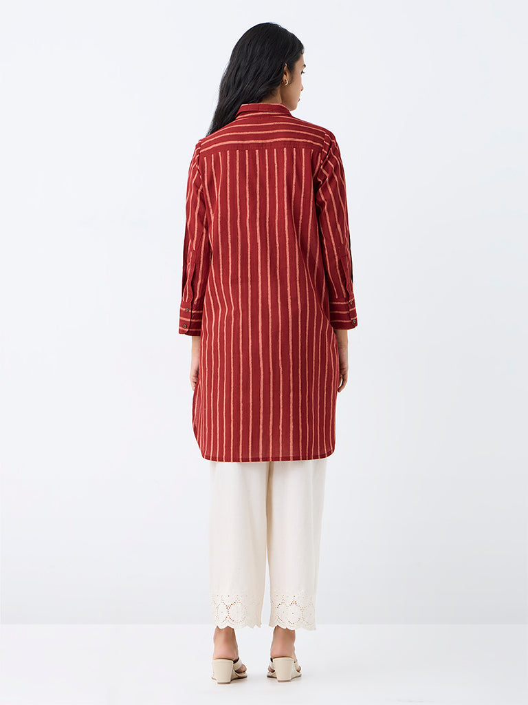 Utsa Red Striped Cotton Straight Kurta