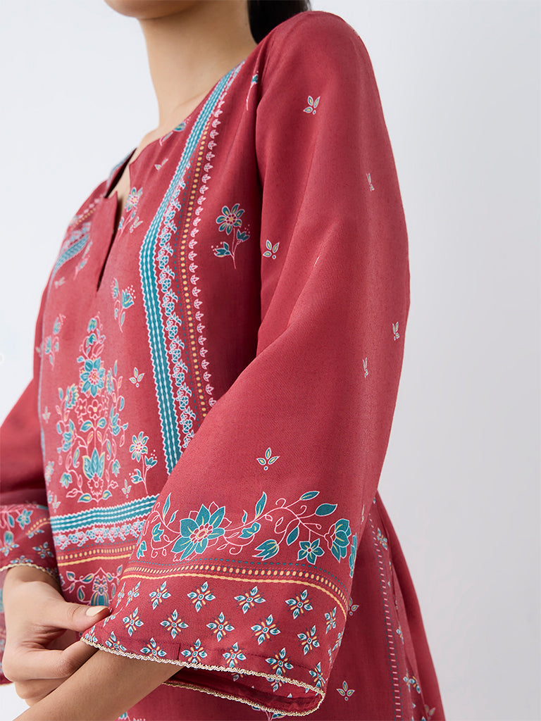 Utsa Red Floral Printed Kurti