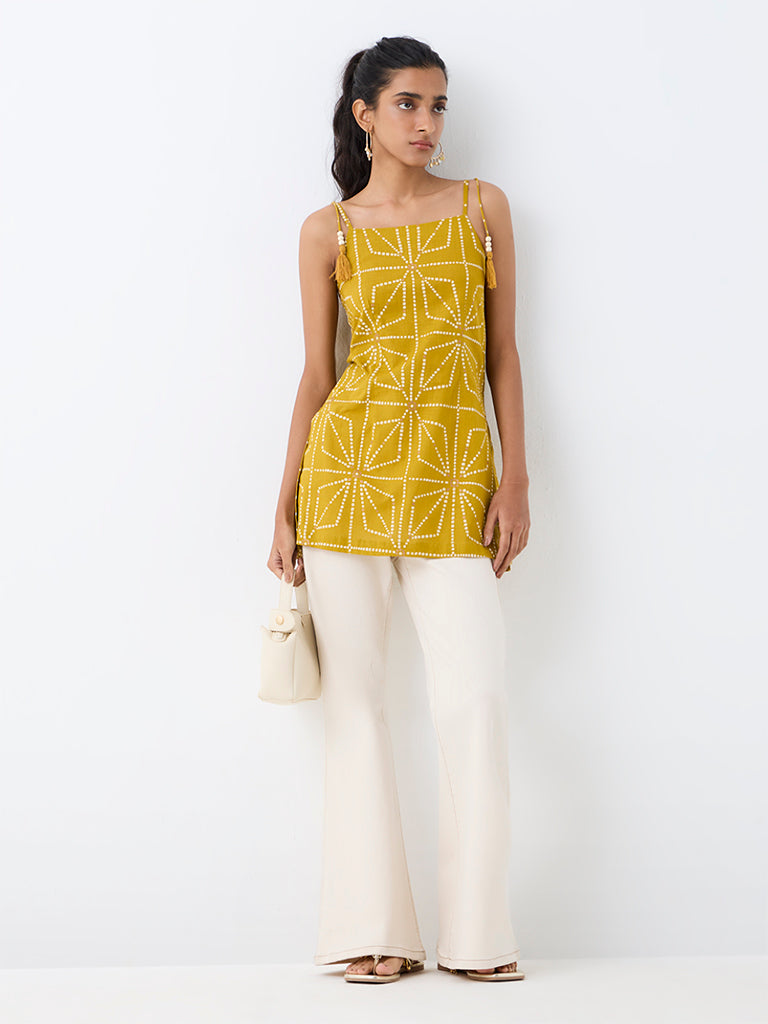 Utsa Mustard Geometric Printed Cotton Tunic